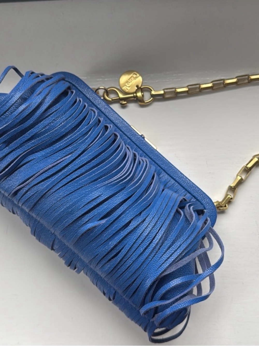 Clare V Fran Fran Blue Leather Clutch with Crossbody Chain Strap